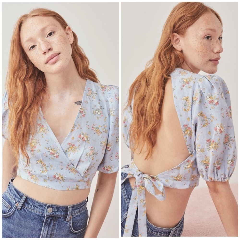 Reformation Light Blue Floral Wrap Crop Top